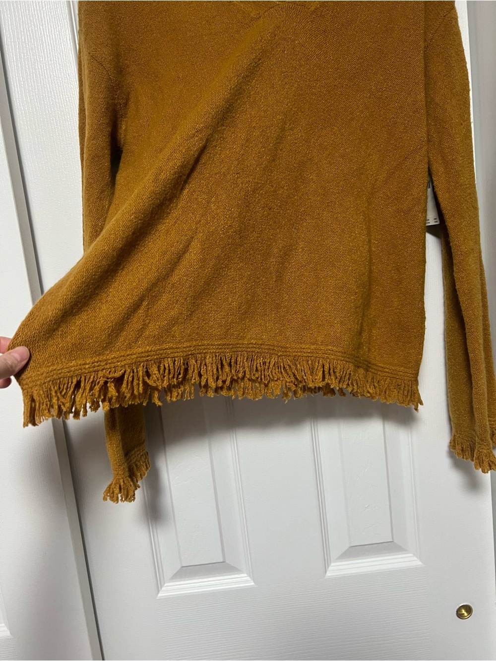 NWT Anthropologie Joy Fringe V-Neck Sweater Mustard Yellow Size Small - Picture 5 of 7